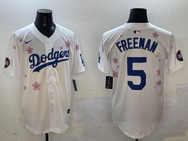 Men Los Angeles Dodgers 5 Freeman White Sakura Edition 2025 Nike MLB Jersey style 1